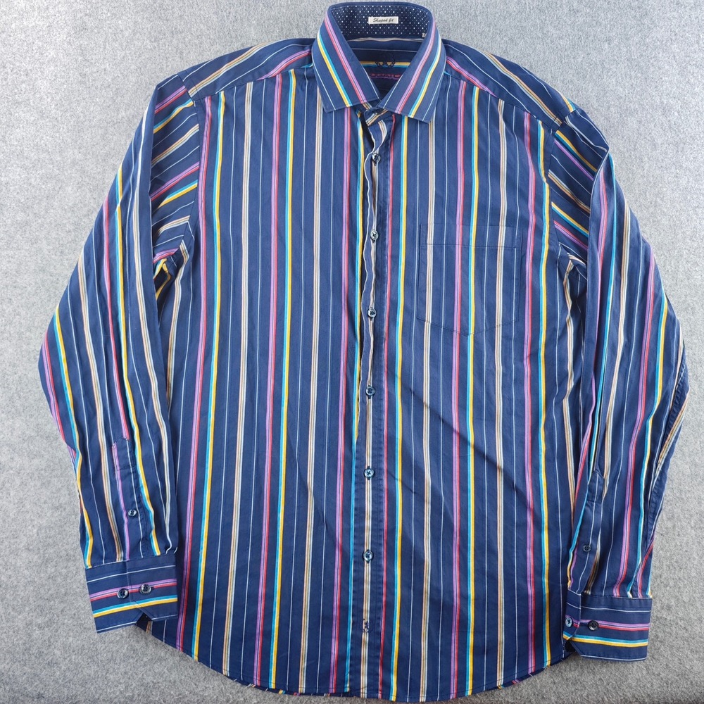 Bugatchi Uomo Button Down Shirt Men Large Blue Multicolor Stripe Shaped Fit Long